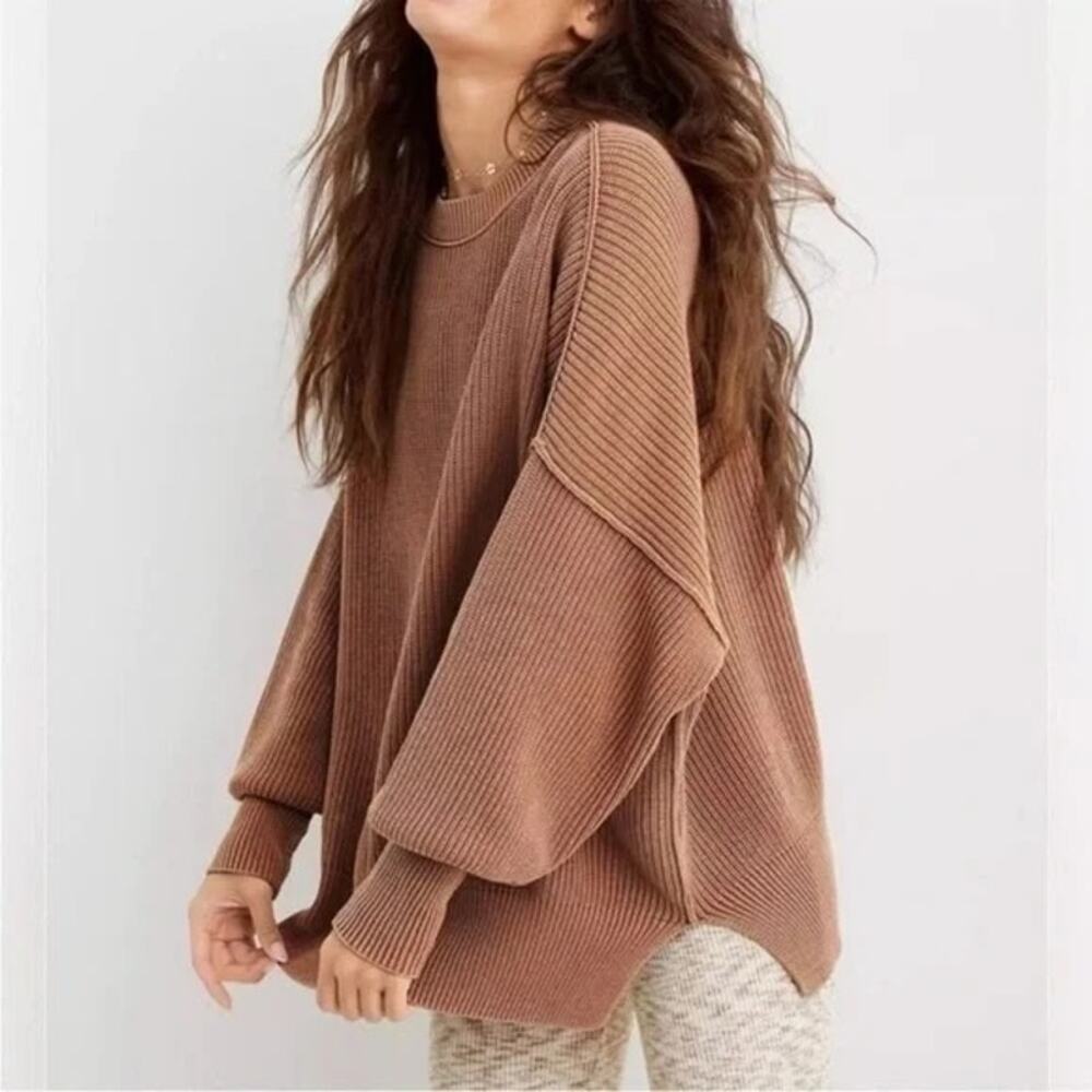 Aerie Crewneck Long Sleeve Ribbed Oversized Sweater Tan Brown XS